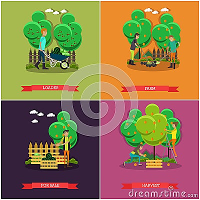 Vector set of gardening, farming concept posters, banners, flat design. Vector Illustration