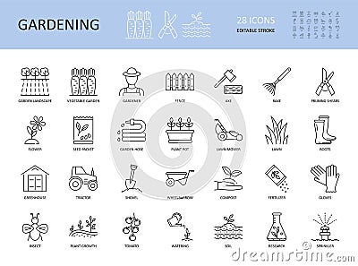 Vector set of gardening icons. Editable Stroke. Plant flower care agriculture water shovel lawn grow. Vegetable seed pot grass Vector Illustration