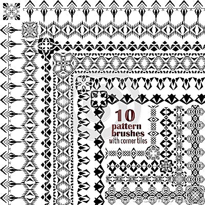 Vector set of geometric borders in ethnic boho style. Collection of pattern brushes with corner tiles inside Vector Illustration