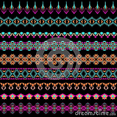 Vector set of geometric borders in ethnic boho style. Collection of pattern brushes inside Vector Illustration