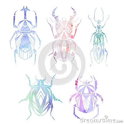 Vector set of geometric insects with poly decorations and watercolor background. Geometric stag beetle and flying ant in gentle Vector Illustration