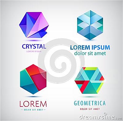 Vector set of geometric, origami abstract 3d shapes, hexagon, crystal Vector Illustration