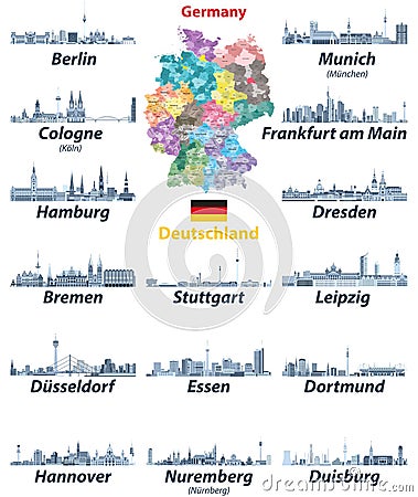 Vector set of Germany largest cities skylines icons in tints of blue color palette. Map and flag of Germany Vector Illustration