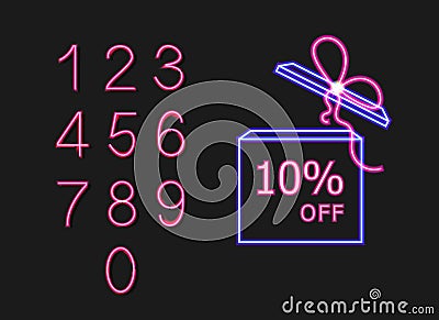 Vector Set of Gift Box with Bow and Offer Words and Different Neon Numbers, Pink and Blue Bright Colors, Colorful Elements. Vector Illustration