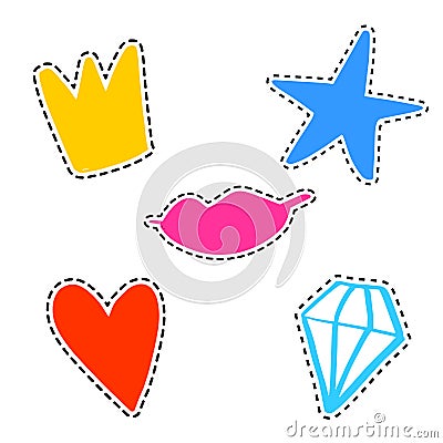 Vector set of girl fashion patches, cute cartoon badges, fun stickers design. Crown, heart, diamond, star and smiling lips Stock Photo