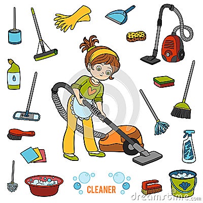 Vector set with girl and objects for cleaning. Colorful items Vector Illustration