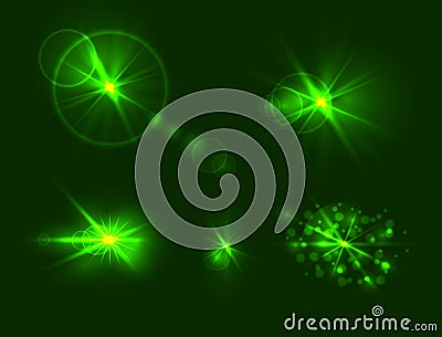 Vector Set of Glares, Green Gowing Light Spots, Different Shine Effects Collection. Stock Photo
