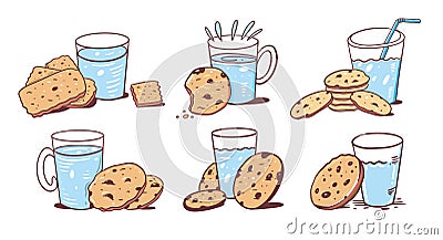 Vector set of glass of milk and baked oatmeal cookies with chocolate. Cartoon style. Vector illustration. Vector Illustration