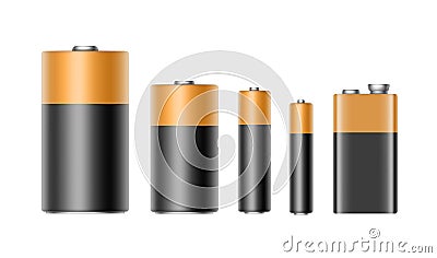 Vector Set of Glossy Alkaline Batteries AAA, AA, C, D, PP3 and 9 Volt Battery for branding on White background Vector Illustration