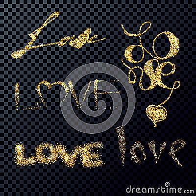 Vector Set. Gold Glitter lettering Love. Vector Illustration