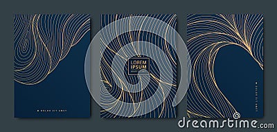 Vector set of gold pattern backgrounds, wave design curve templates, elegant linear graphic. Dark elegant package Vector Illustration