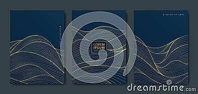 Vector set of gold pattern backgrounds, wave design curve templates, elegant linear graphic. Dark elegant package Vector Illustration