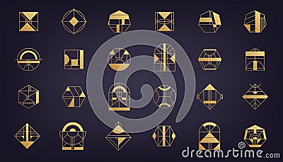 Vector set of golden luxury art deco logos, gold geometric abstract icons. Linear modern style. Circle, triangle Vector Illustration