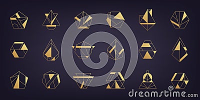 Vector set of golden luxury art deco logos, gold geometric abstract icons. Linear modern style. Circle, triangle Vector Illustration