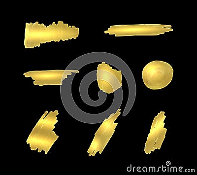 Vector Set of Golden Paint Strokes, Gold Color Marker Shining on Black Background, Isolated Brush Smears, Realistic Texture. Vector Illustration