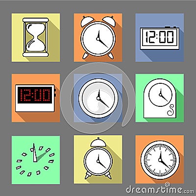 Vector. Set of graphic clocks icons. Sun clock, digital clock, table clock, alarm clock, sand clock. Isolated illustration. Cartoon Illustration