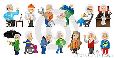 Vector set of gray-haired old man illustrations. Vector Illustration