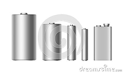 Vector Set of Gray Silver Alkaline Batteries Of Diffrent size AAA, AA, C, D, PP3 and 9 Volt Battery Close up Vector Illustration