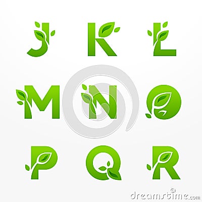 Vector set of green eco letters logo with leaves. Ecological font from J to R. Vector Illustration