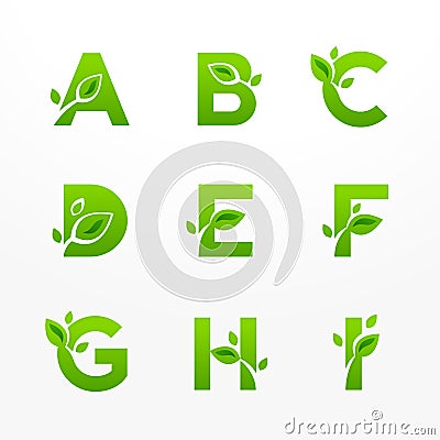 Vector set of green eco letters logo with leaves. Ecological font from A to I. Vector Illustration