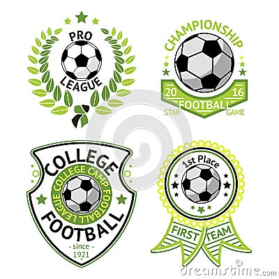 Vector set of green vintage Football labels. With laurel wreath, ball, shield and ribbons. Vector Illustration
