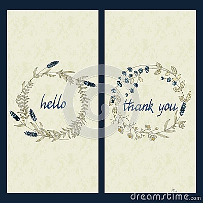 Vector set with greeting cards with hand drawn words hello and thank you in a circle flower frame Vector Illustration