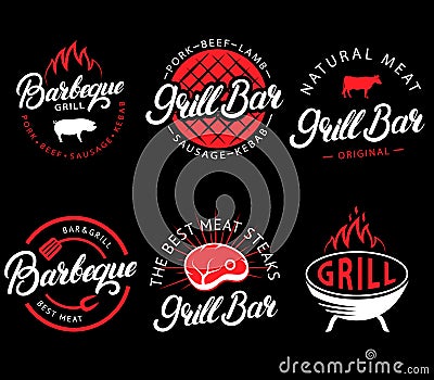 Vector set of grill bar and bbq labels in retro style. Vintage grill restaurant emblems, logo, stickers and design Vector Illustration