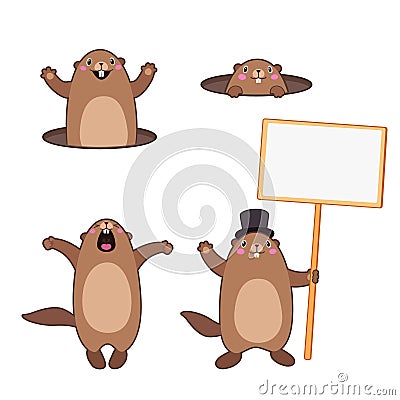 Set of groundhog popping out of his hole and holding a blank sign board. Cartoon outlines Vector Illustration