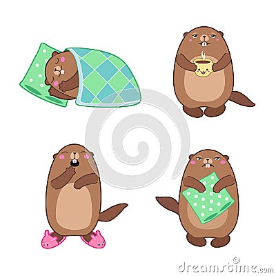 Set of groundhog sleeping and waking up. Cartoon outlines Vector Illustration