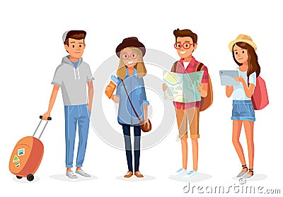 Vector set group of young students, tourists traveling people Vector Illustration