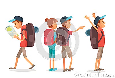Vector set group of young tourist with backpack. Vector Illustration