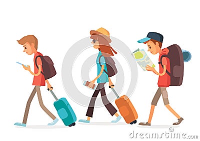 Vector set group of young tourists traveling people Vector Illustration