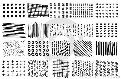 Vector set of grungy hand drawn texture patterns. Lines, circles, smears, waves, brush strokes, triangles. Hand drawn elements for Vector Illustration