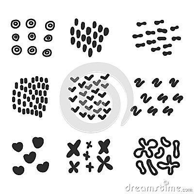Vector set of grungy hand drawn textures. Lines, circles, crosses, smears, spirals, waves, brush strokes, triangles. Hand drawn Stock Photo