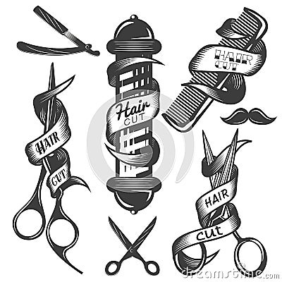 Vector set of hair salon vector labels in vintage style. Hair cut beauty and barber shop, scissors, blade. Vector Illustration