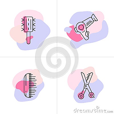 Vector set of hairdresser logo, badges and design element. Line art style for haircut salon with scissors. Modern emblem Vector Illustration