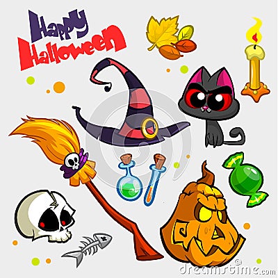 Vector set of Halloween pumpkin and attributes icons Vector Illustration