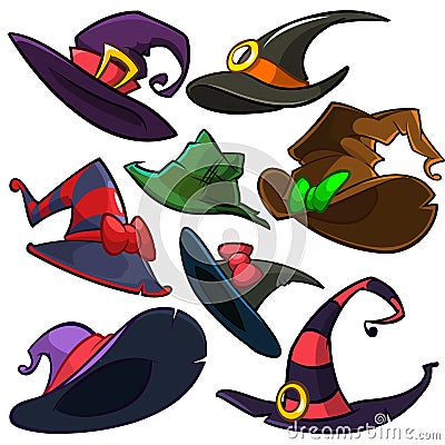 A vector set of Halloween witch hats. Vector witch hat icons isolated on white background Vector Illustration