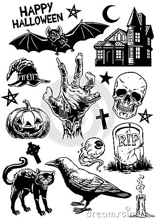 Set of hand drawing of halloween objects in black and white Vector Illustration