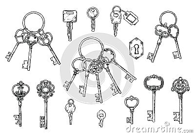 Vector set of hand-drawn antique keys. Illustration in sketch style on white background. Old design Vector Illustration