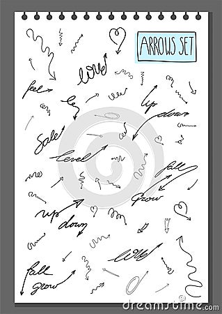 Vector set of hand drawn assorted arrows in sketch doodle style isolated on white. hand written lettering with arrows. collection Vector Illustration