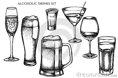 Vector set of hand drawn black and white glass, mug of beer, alcohol shot, glass of champagne, glass of wine, glass of Vector Illustration