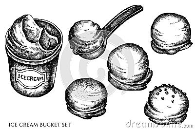 Vector set of hand drawn black and white ice cream bucket, ice cream scoop, ice cream balls Vector Illustration