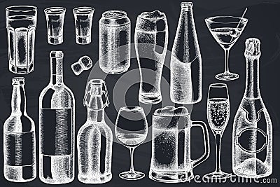 Vector set of hand drawn chalk glass, champagne, mug of beer, alcohol shot, bottles of beer, bottle of wine, glass of Vector Illustration