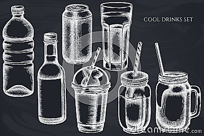 Vector set of hand drawn chalk glass, plastic bottle, bottle of lemonade, smoothie cup, aluminum can, smothie jars Vector Illustration