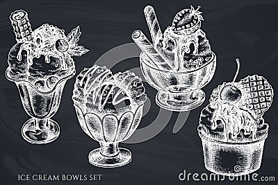 Vector set of hand drawn chalk ice cream bowls Vector Illustration