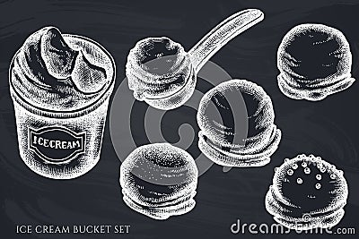 Vector set of hand drawn chalk ice cream bucket, ice cream scoop, ice cream balls Vector Illustration