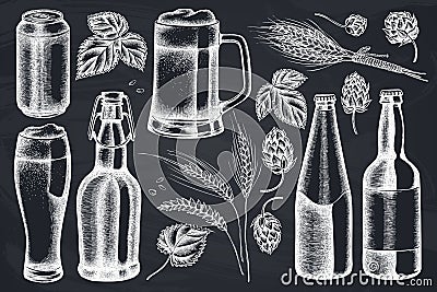 Vector set of hand drawn chalk rye, hop, mug of beer, bottles of beer, aluminum can Vector Illustration