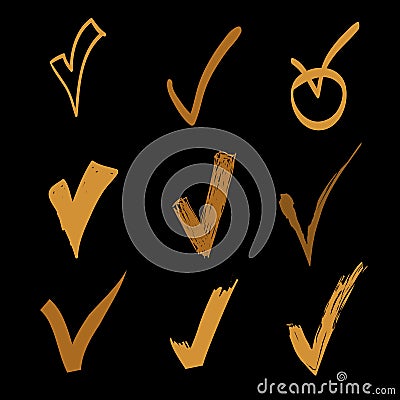 Vector set of hand drawn check on black background, doodle gold illustration Vector Illustration