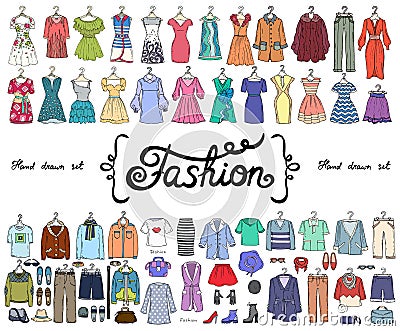 Vector set with hand drawn colored doodles on the theme of fashion Cartoon Illustration